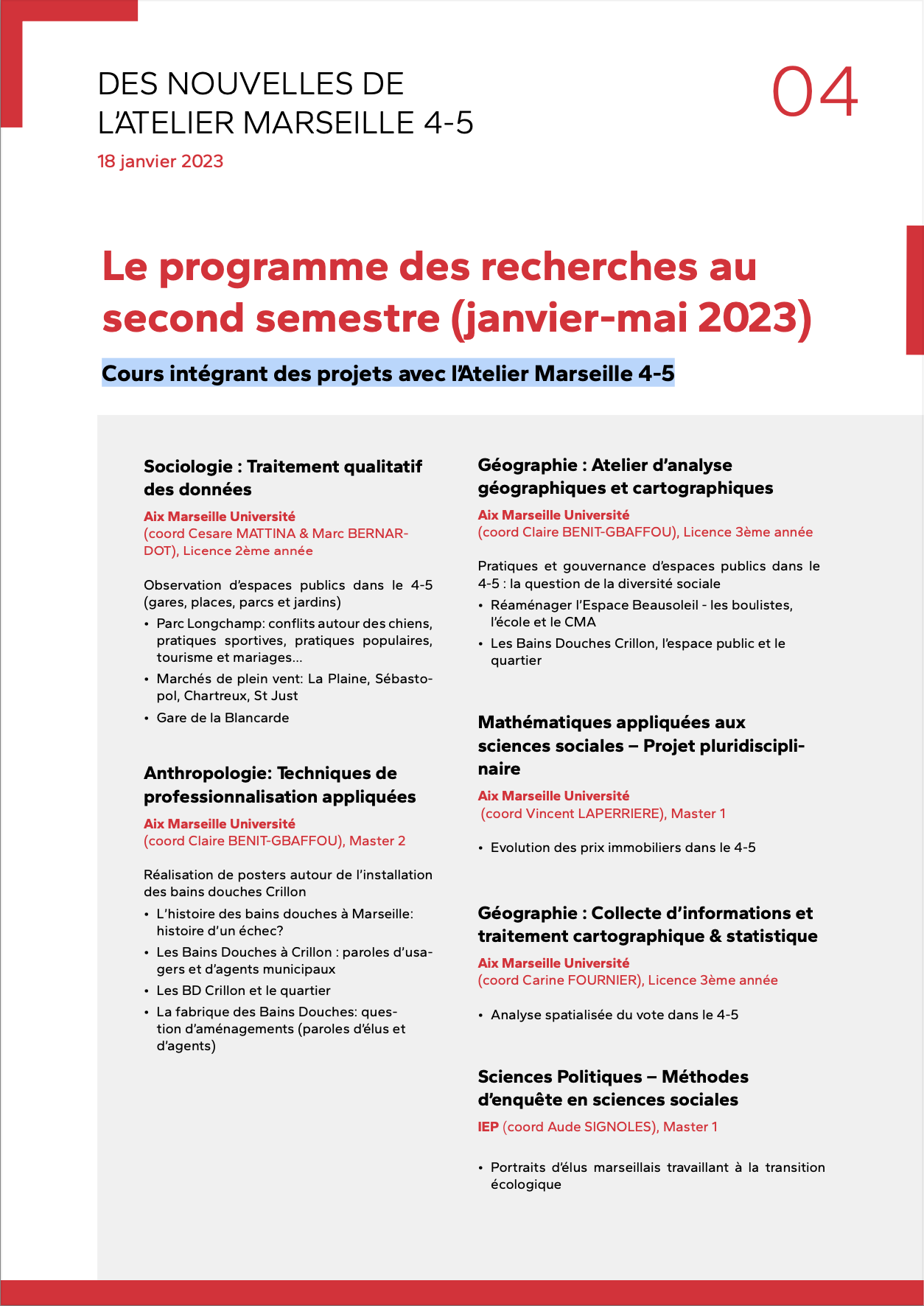 Le programme des recherches au second semestre (janvier-mai 2023) - Atelier 4/5 - Ville en Transition